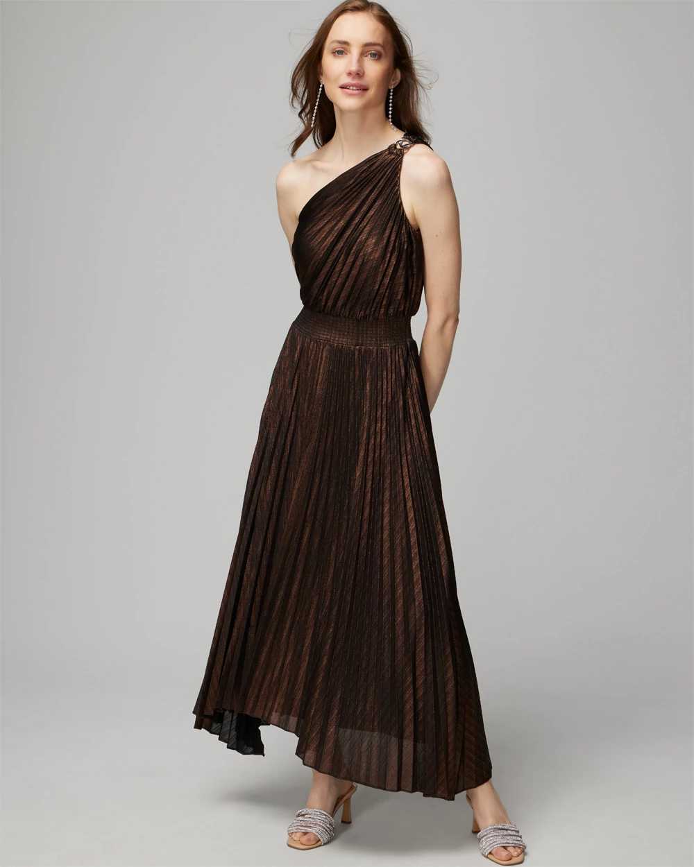 One Shoulder Bronze Pleated Maxi Dress White House Black Market